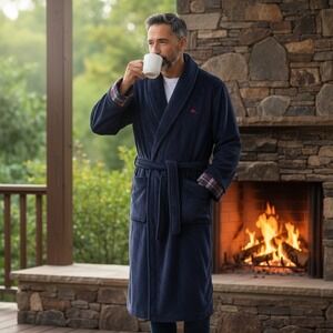 Tommy Bahama Mens Navy Blue Plush Fleece Shawl Collar Robe Plaid Trim S/M NWT‎